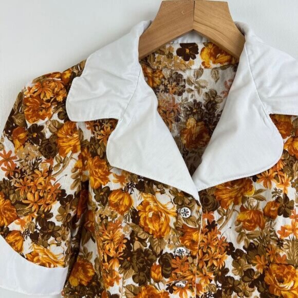 VTG Handmade Women Small Brown White Floral Collared Babydoll Cropped Top Blouse - Picture 11 of 14